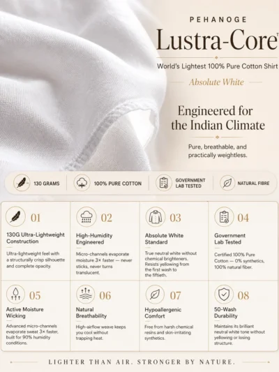 lustra core™ | world's lightest 100% pure cotton shirt | government lab certified.